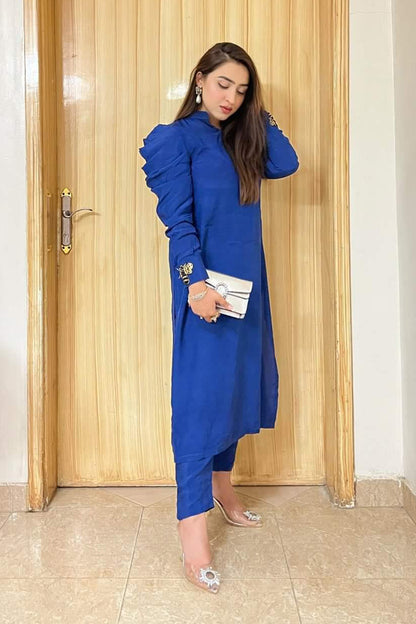 Blue Puffy Sleeves Raw Silk