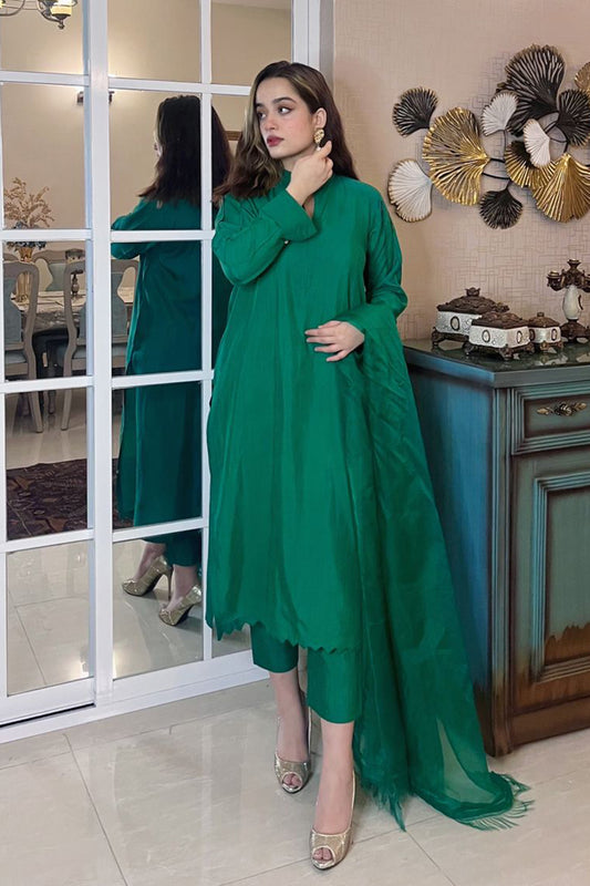 Green Raw Silk outfit with dupatta (3pc)