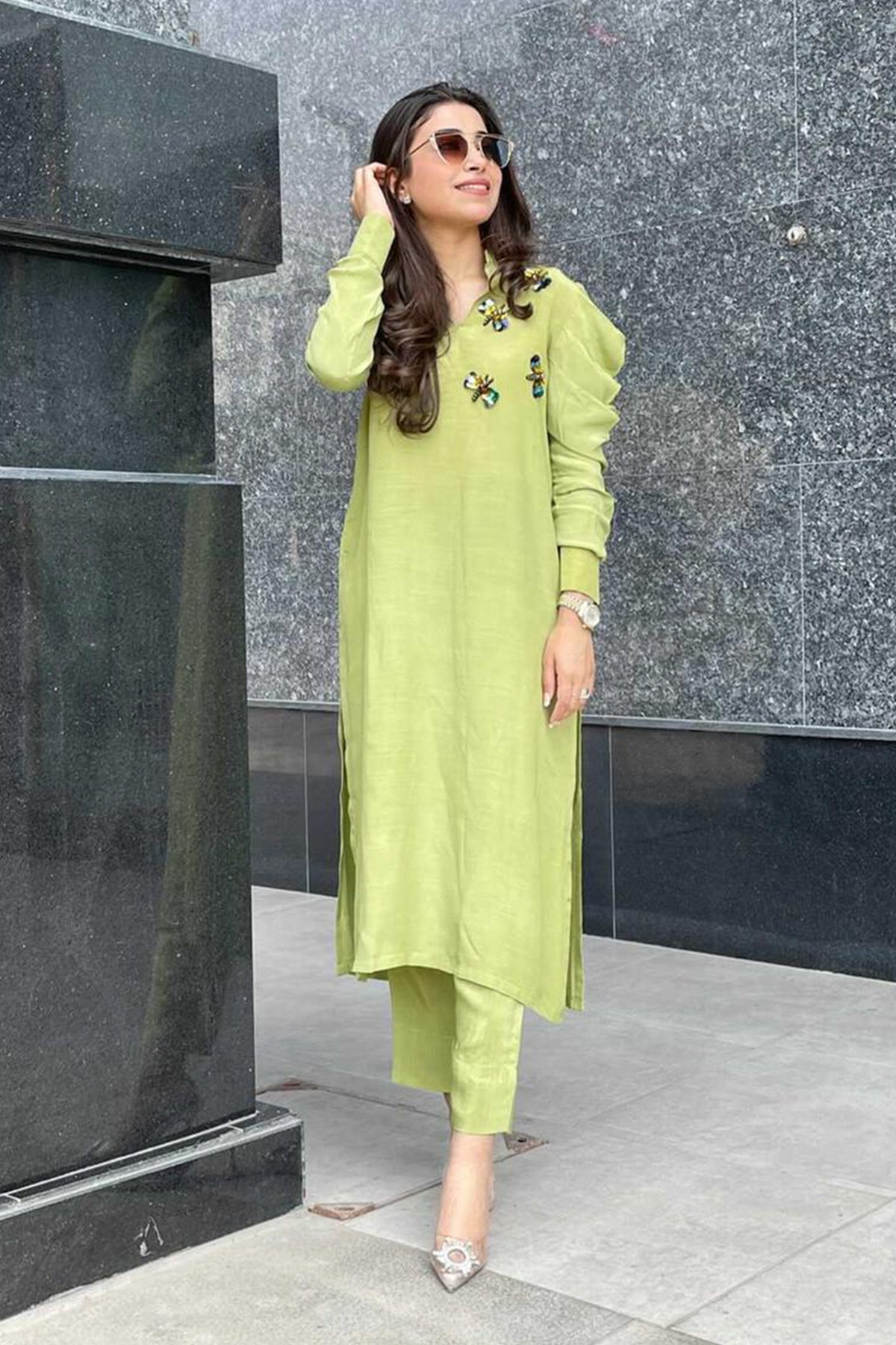 Lemon Green Puffy Sleeves Raw Silk