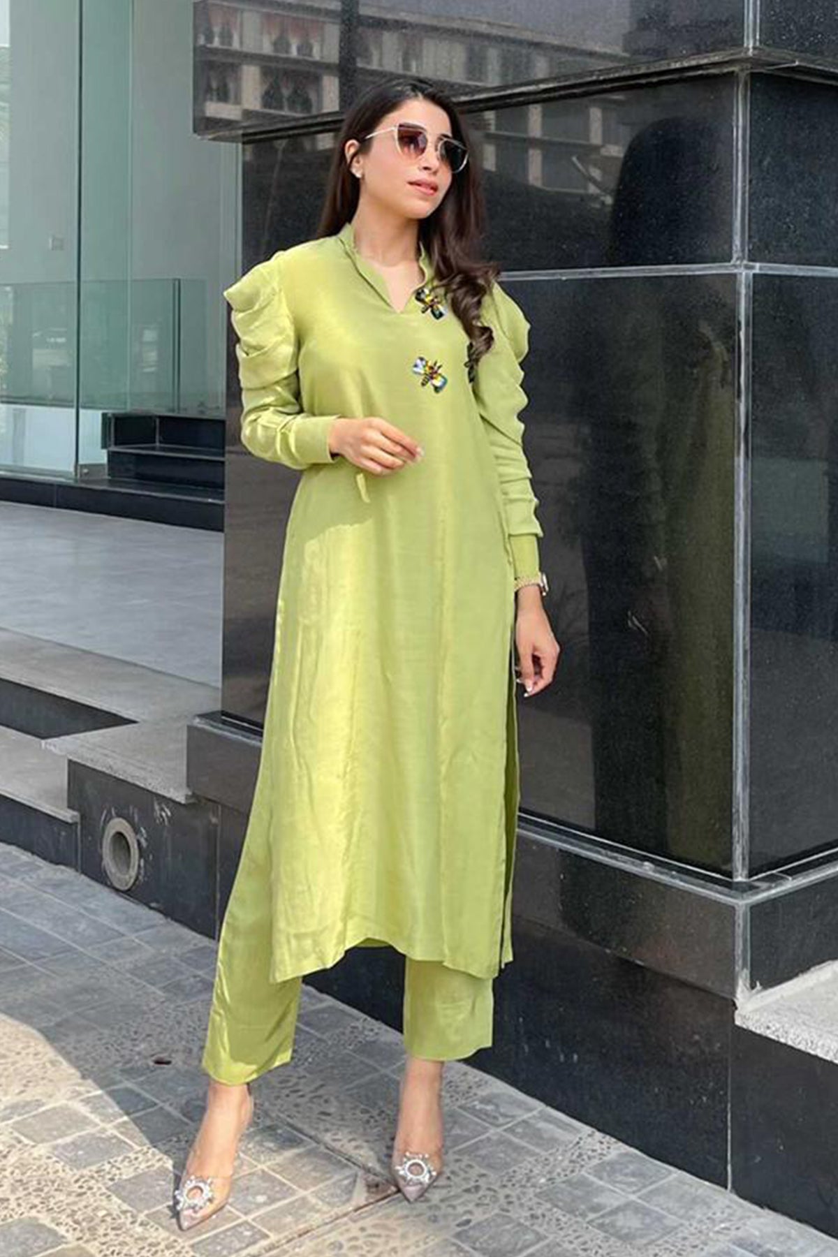 Lemon Green Puffy Sleeves Raw Silk